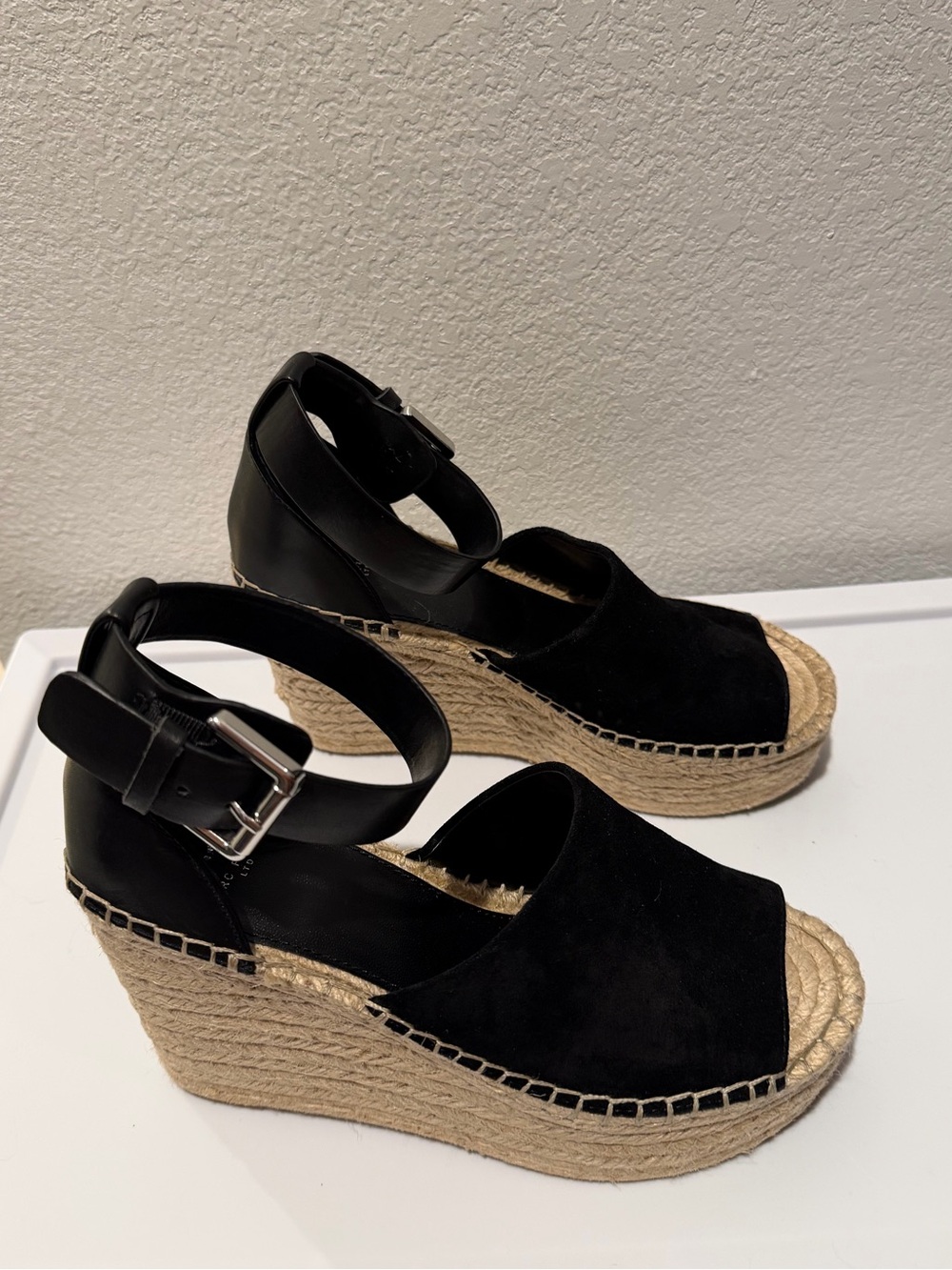 NWOT Marc Fisher Black Suede Espadrille Wedge Adalyn Sandals with Ankle Strap - Picture 3 of 6